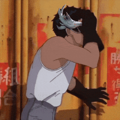 a cartoon of a man with a shark on his head covering his face
