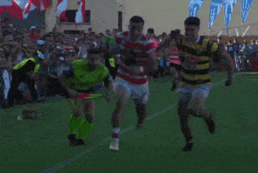 a rugby game is being played in front of a crowd and a banner that says ' rugby ' on it