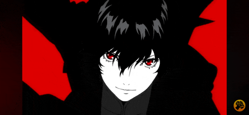 a black and white drawing of a boy with red eyes