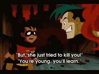 a cartoon of robin talking to the joker