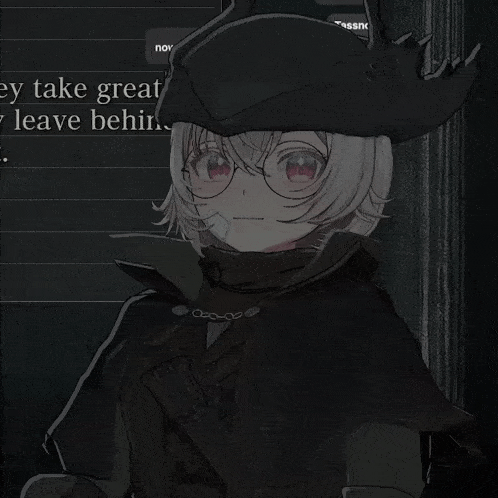 a girl wearing glasses and a black hat is standing in front of a sign that says they take great leave behind