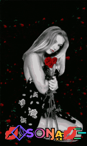 a woman in a black and white dress is holding a bouquet of red roses in front of a sona xxx logo