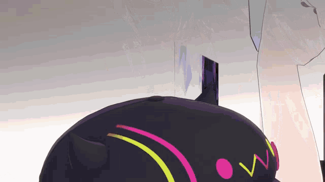 a close up of a cartoon character 's head with a pink circle on it