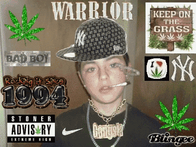 a picture of a boy with a hat and a stoner advisory sticker