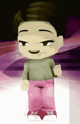 a cartoon character with a green shirt and pink pants is smiling
