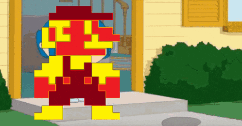a pixel art drawing of a man with a red and yellow costume