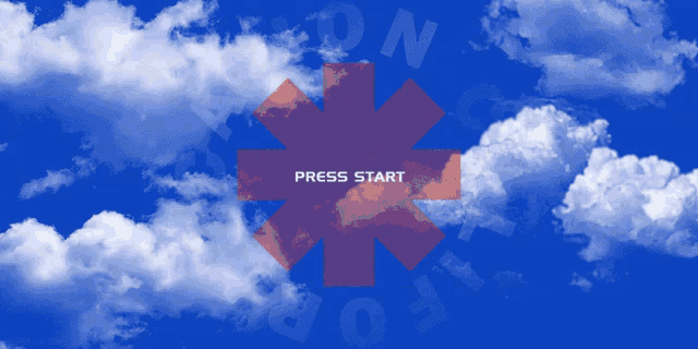 the red hot chilli peppers logo is surrounded by clouds and says press start