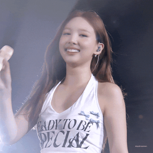 a woman wearing a shirt that says ready to be special