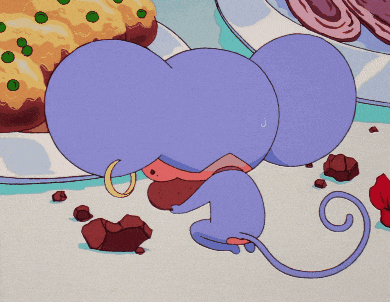 a cartoon drawing of a purple mouse with a ring in its ear
