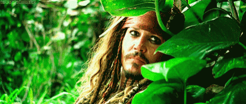 a man with long hair and a beard is peeking out from behind a green plant .