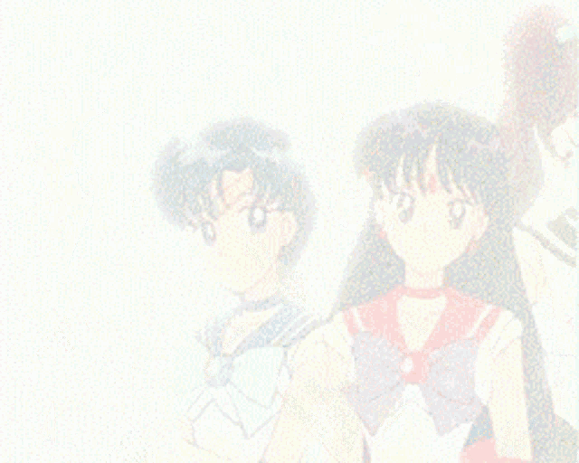 a group of three anime girls standing next to each other .