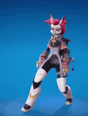 a cartoon character with pink hair and white pants is standing on a blue background