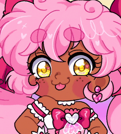a cartoon drawing of a girl with pink hair and a question mark on her chest
