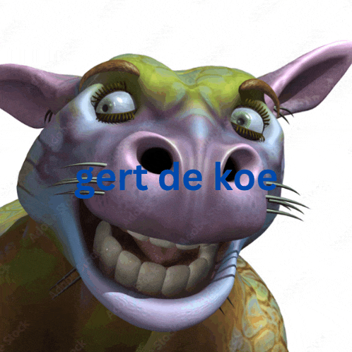 a cartoon character with the name gert de koe written in blue