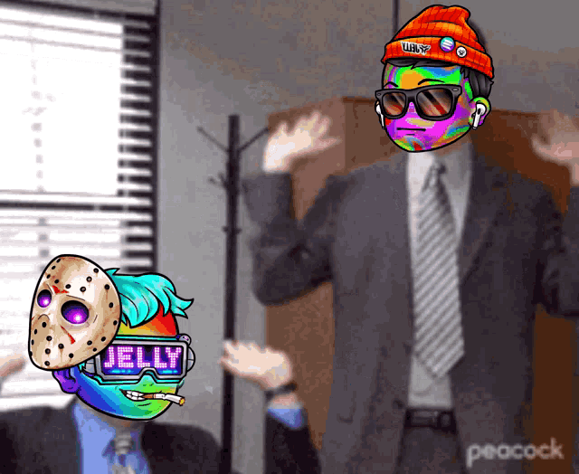 a peacock ad shows a man in a suit and tie standing next to jelly