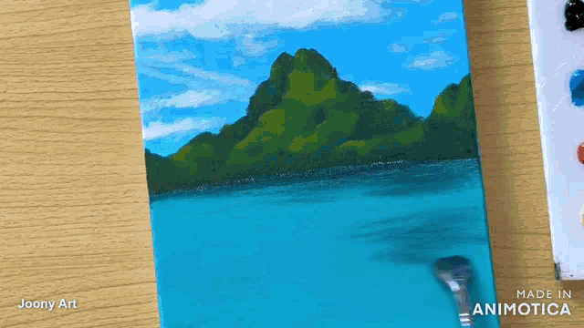 a painting of a lake with a mountain in the background is made by joony art