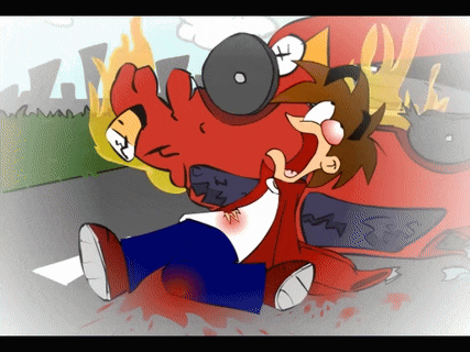 a cartoon of a man laying on the ground in front of a car that is on fire