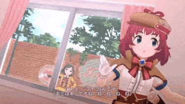 a girl in a detective outfit is standing in front of a window with chinese writing on it