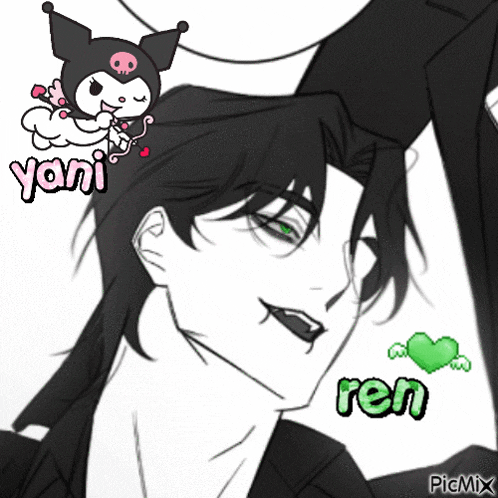 a black and white drawing of a man with ren written on the bottom