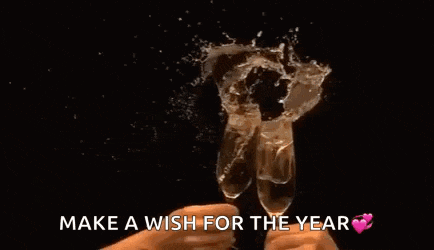 a couple of people are toasting with champagne glasses and making a wish for the year .