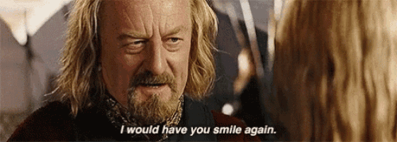 a man with long hair and a beard is talking to a woman and saying `` i would have you smile again . ''
