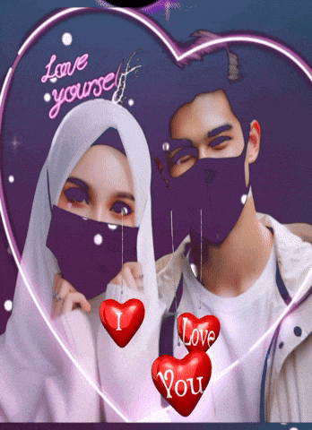 a man and a woman wearing face masks with hearts that say " i love you "