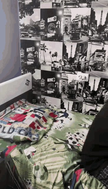 a bed with a pillow that says world on it