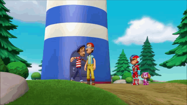 a group of cartoon characters stand in front of a lighthouse