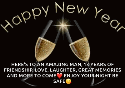 a happy new year greeting card with two champagne glasses