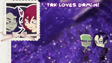 a picture of two cartoon characters with the words tak loves damian