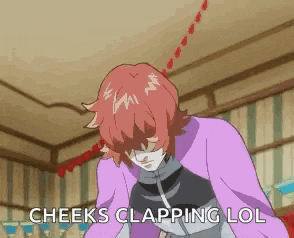 a cartoon character says cheeks clapping lol in front of a striped wall