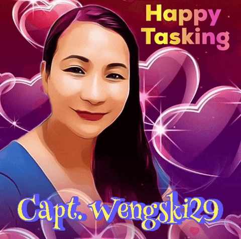 a picture of a woman with the words happy tasking on the bottom