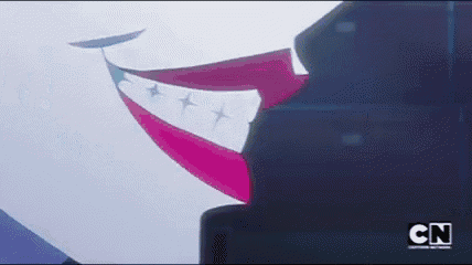 a close up of a cartoon character 's mouth with a pink and white flag on it .