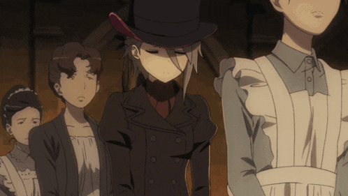 a woman in a top hat is standing in a line with other women