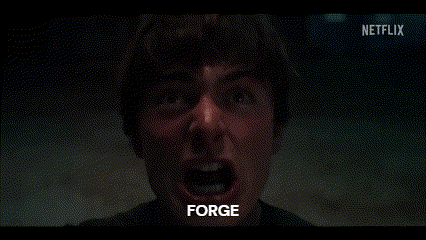a close up of a man 's face with his mouth open and the word forge written on it .
