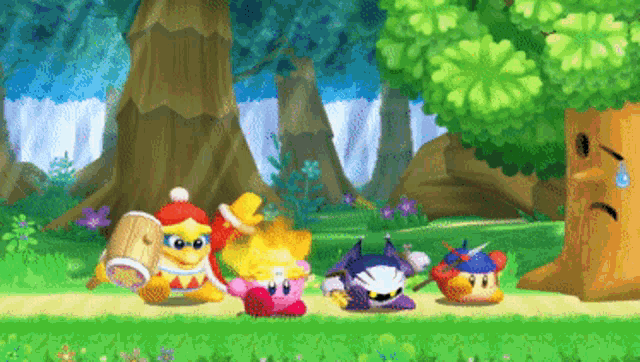 a group of video game characters are standing in a forest
