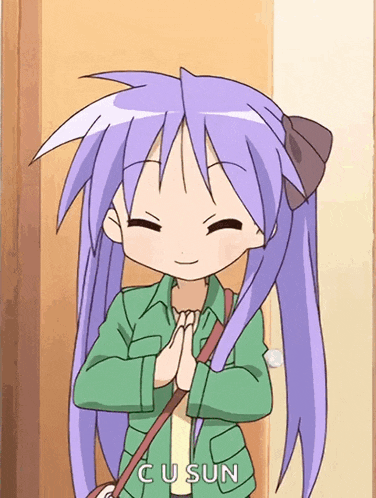 a girl with purple hair is standing in front of a door with cusun written on it