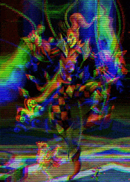 a painting of a clown with a rainbow of colors behind him