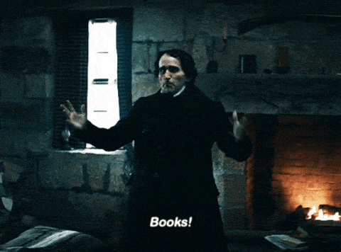 a dark room with a fireplace and a window with the words books visible