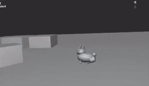 a 3d model of a rabbit with a sad face is laying on the ground