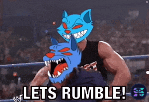 a cartoon of a man and a cat with the words lets rumble below them
