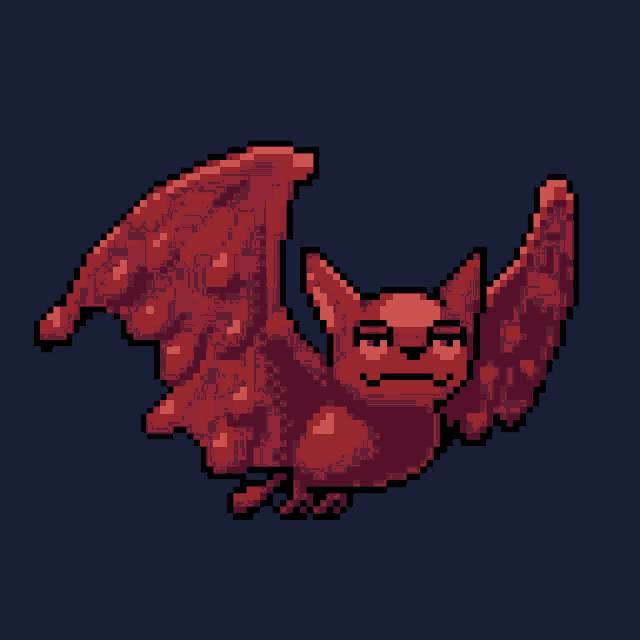 a pixel art drawing of a red bat with its wings outstretched