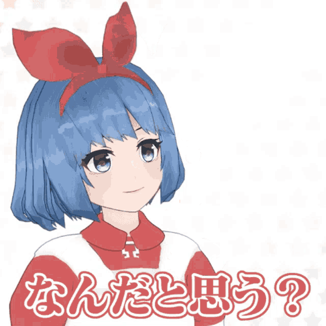 a girl with blue hair and a red bow on her head has a question mark on her face