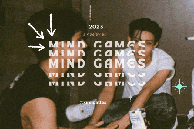 a poster that says mind games on it with two men sitting next to each other