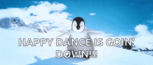 a penguin is dancing in the snow with the words happy dance is goin ' down !!!