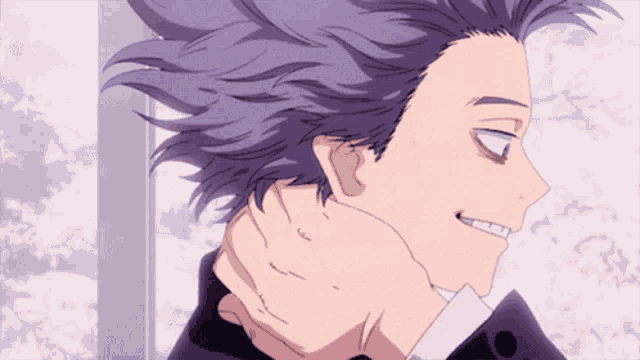 a close up of a person 's face with purple hair and a white shirt