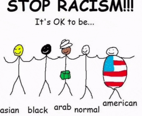 a drawing of stick figures holding hands with the words stop racism it 's ok to be