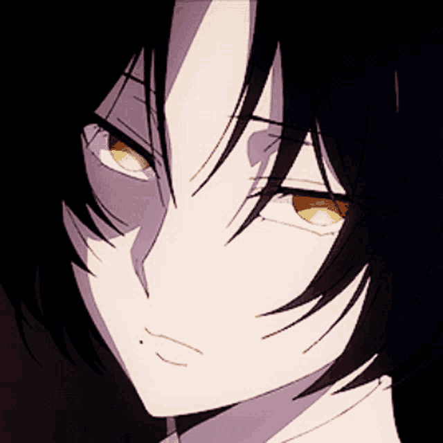 a close up of a anime character with yellow eyes