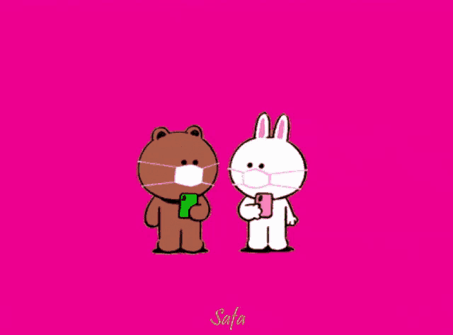 a brown bear and a white rabbit wearing face masks are standing next to each other with the words keep distance written on the bottom