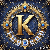 a gold letter k in a circle with a blue background